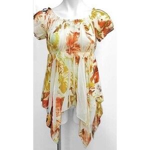 Unique Spectrum Top Asymmetrical Handkerchief Hem Orange Brown Abstract Print M